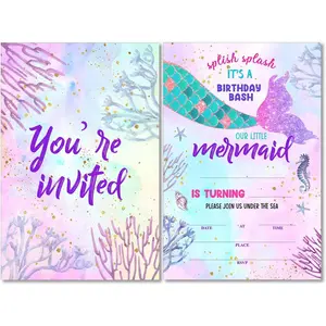 Cute Under the Sea Mermaid Birthday Party Invitations with Envelopes Set of 20 Purple Pink Girl Birthday Party Invites
