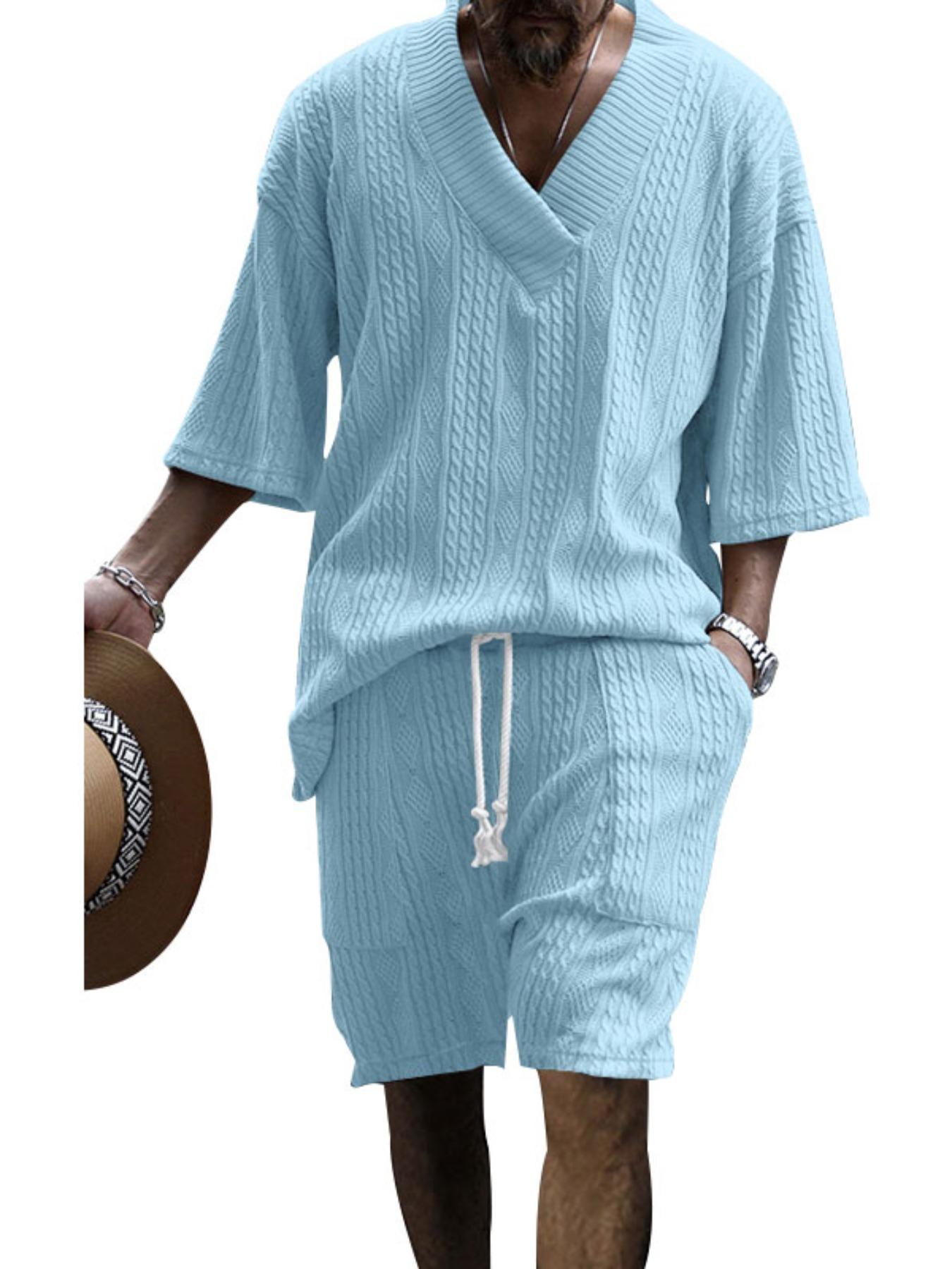 Men's Solid Drop Shoulder Knit Top & Shorts Two-Piece Set, Loose Casual Fashion Cozy Breathable Short Sleeve T-shirt & Shorts for Daily Outdoor Wear, Menswear for Summer, Clothing