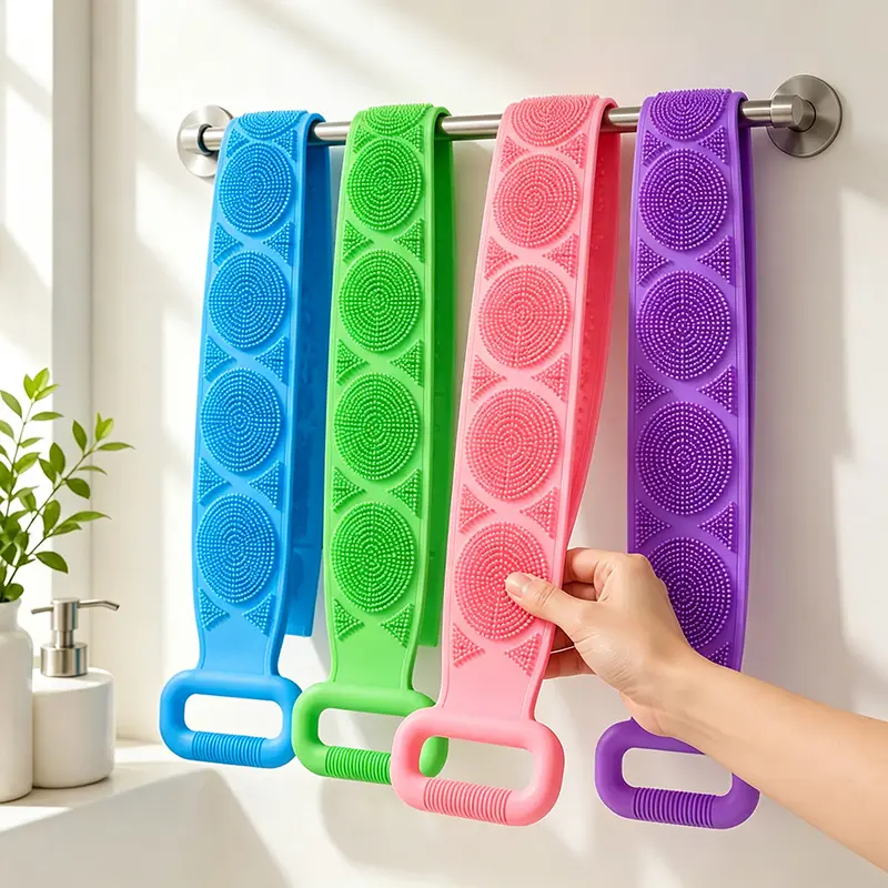 1PCS Silicone Bath Brush, Double-Sided Exfoliating Back Scrubber with Mesh Sponge, Long Body Scrub Strap with Soft Bristles & Handles, Shower Bath Tool for Back, Body Cleaning, At-Home Self Care