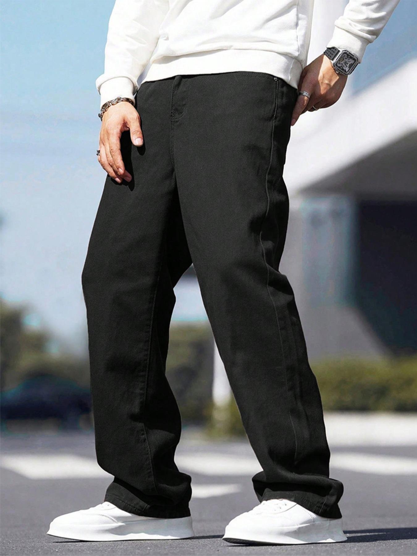 Men's Solid Wide-Leg Non Distressed Jeans - Loose Street Style, Comfort Fit, Everyday Casual Wear