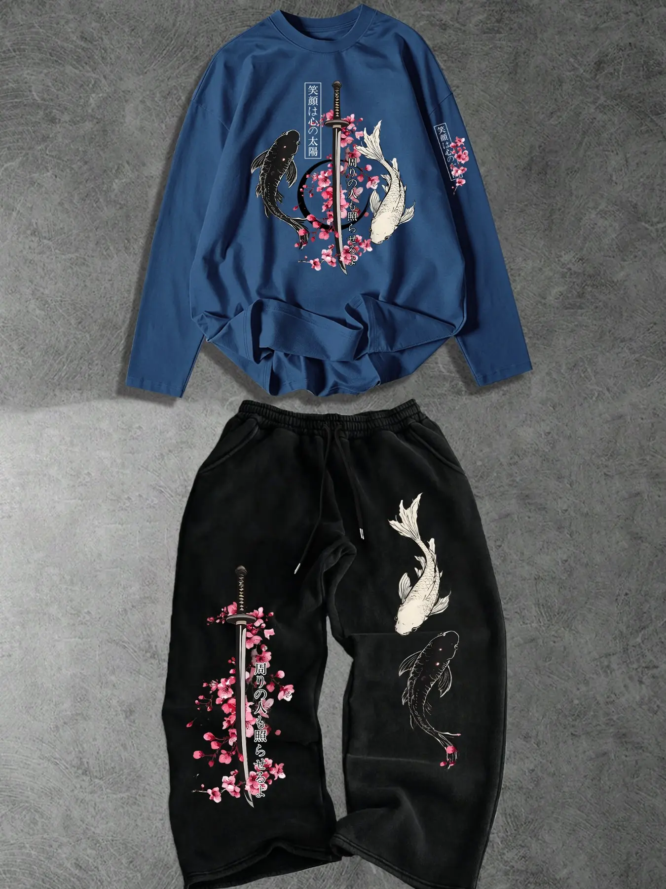 Men's Japanese Koi & Katana Print Long Sleeve T-Shirt & Sweatpants Set Casual Clothing Set Casual Streetwear Outfit with Sakura Graphic for Daily & Hip-Hop Style Aesthetic