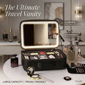 Travel Makeup Case with Dimmable LED Light Up Mirror, Adjustable Divider Large Capacity Portable Cosmetic Organizer Vanity Bag for Makeup Artist & Daily Travel