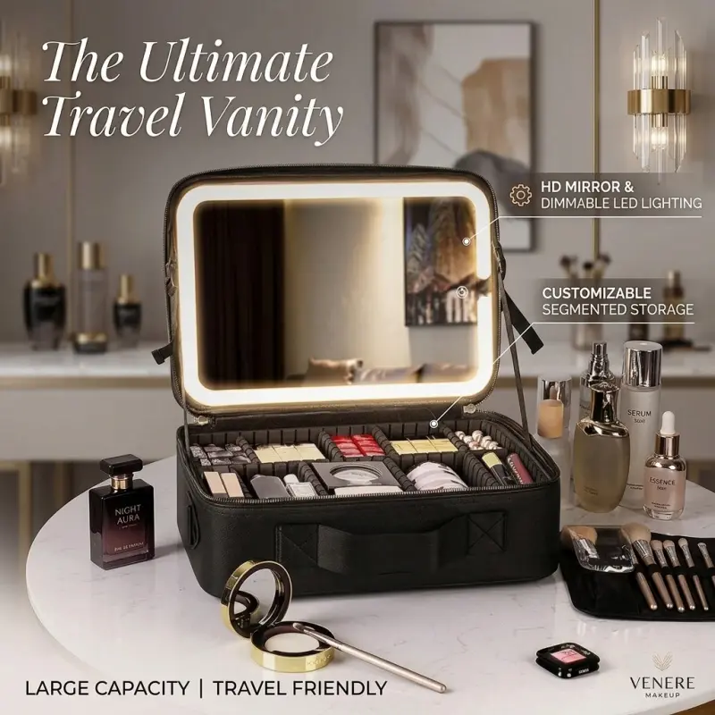 Travel Makeup Case with Dimmable LED Light Up Mirror, Adjustable Divider Large Capacity Portable Cosmetic Organizer Vanity Bag for Makeup Artist & Daily Travel Cosmetic Travel Bags