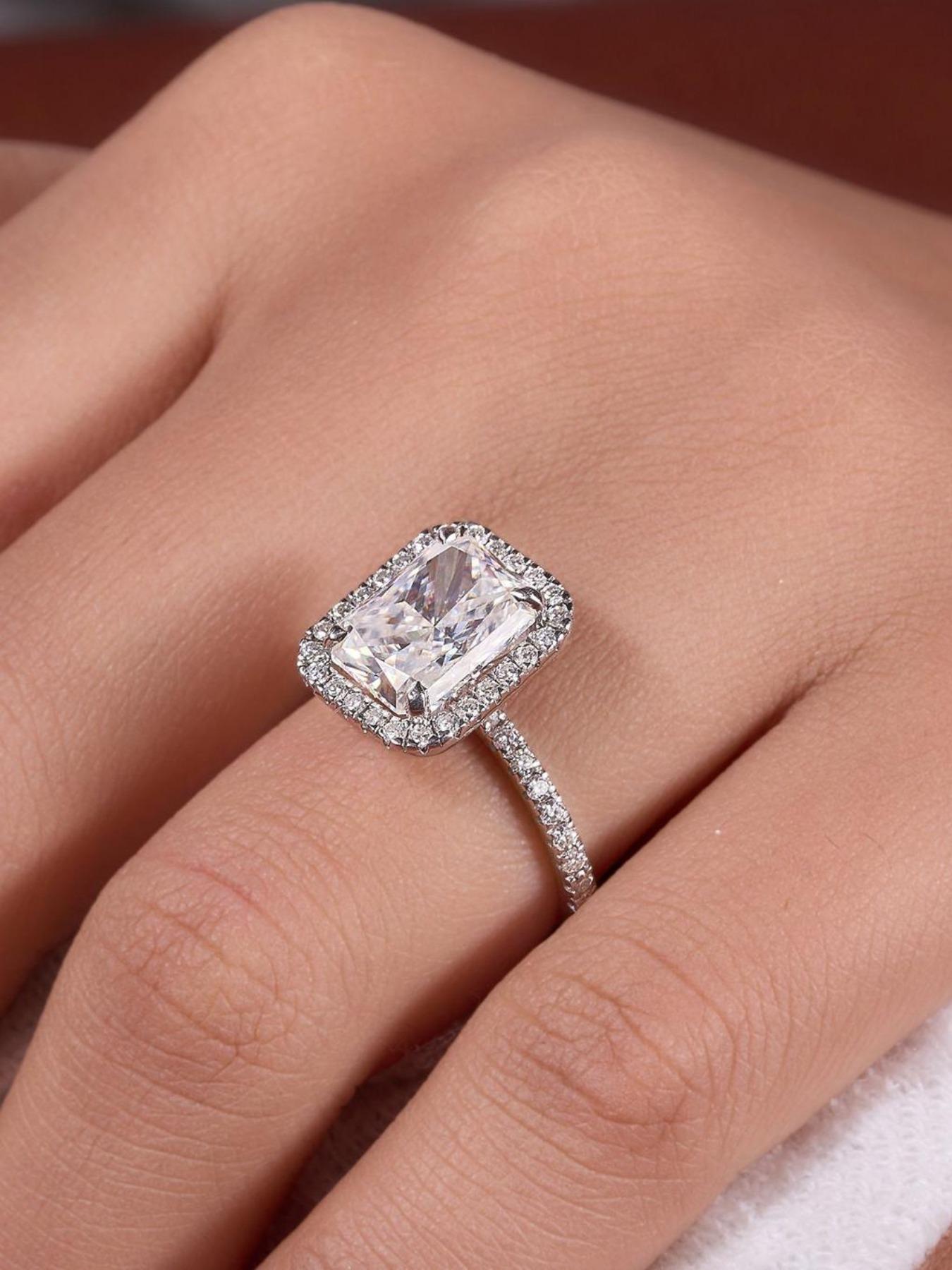 S925 Sterling Silver Rectangle Shaped Zircon Engagement Ring, Luxury Promise Wedding Ring, Fashion Jewelry Accessories for Women, Exquisite Jewelry for Birthday Gift