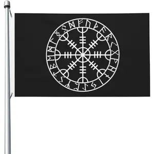 1 unit of Viking Circle of Awe rune flags, with a single-sided design, suitable for decoration as banners with eyelets, available in sizes 60.96X91.44 cm, 91.44X152.4 cm, and 121.92X182.88 cm.