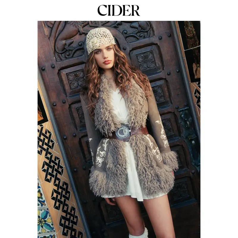 Cider Velvet Collar Faux Fur Trim Graphic Coat SohoChic Cider Velvet Collar Faux Fur Trim Graphic Coat SohoChic