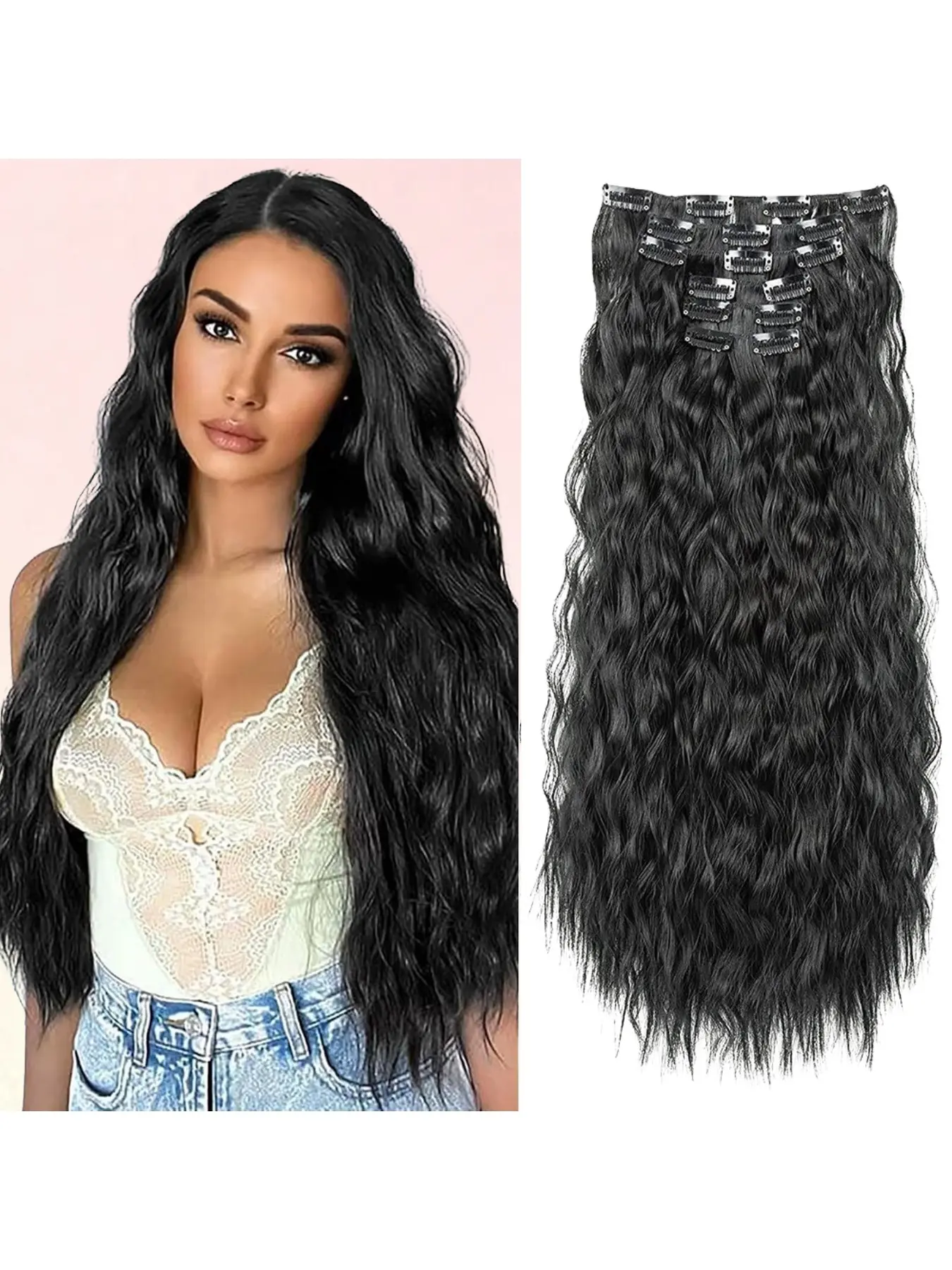 6pcs/set Long Curly Wavy Hair Pieces Synthetic Clip In Hair Extensions Elegant Natural Looking for Daily Use Hair Clips Hair Accessories Synthetic Fiber Extensions