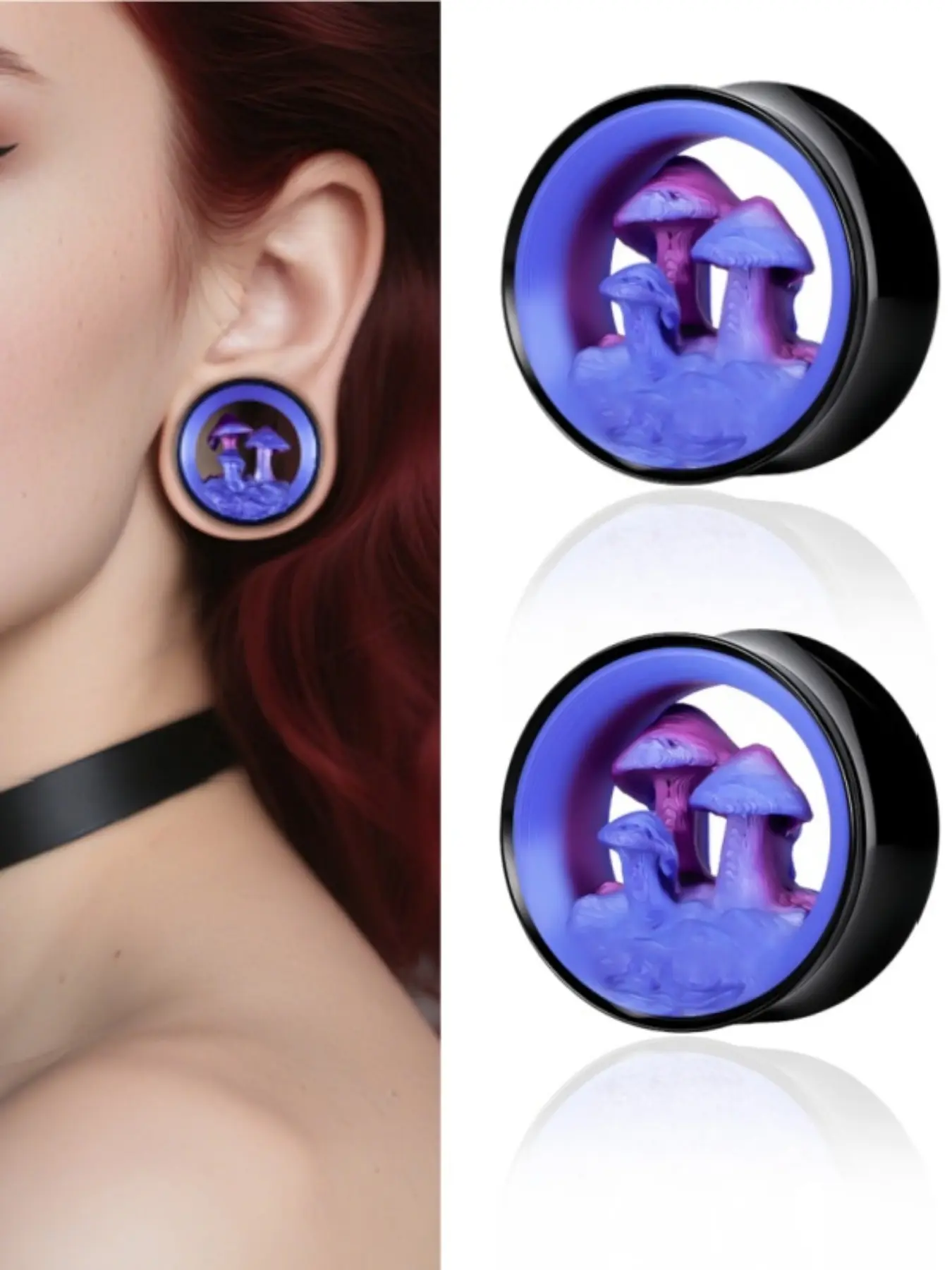 vanku 2pc Stainless Steel Hypoallergenic Gradient 3D Mushroom Ear Tunnel Plugs, Punk Style, All Seasons, Fantasy Piercing Jewelry, Statement Earring, Ear Gauge Tunnels for Women