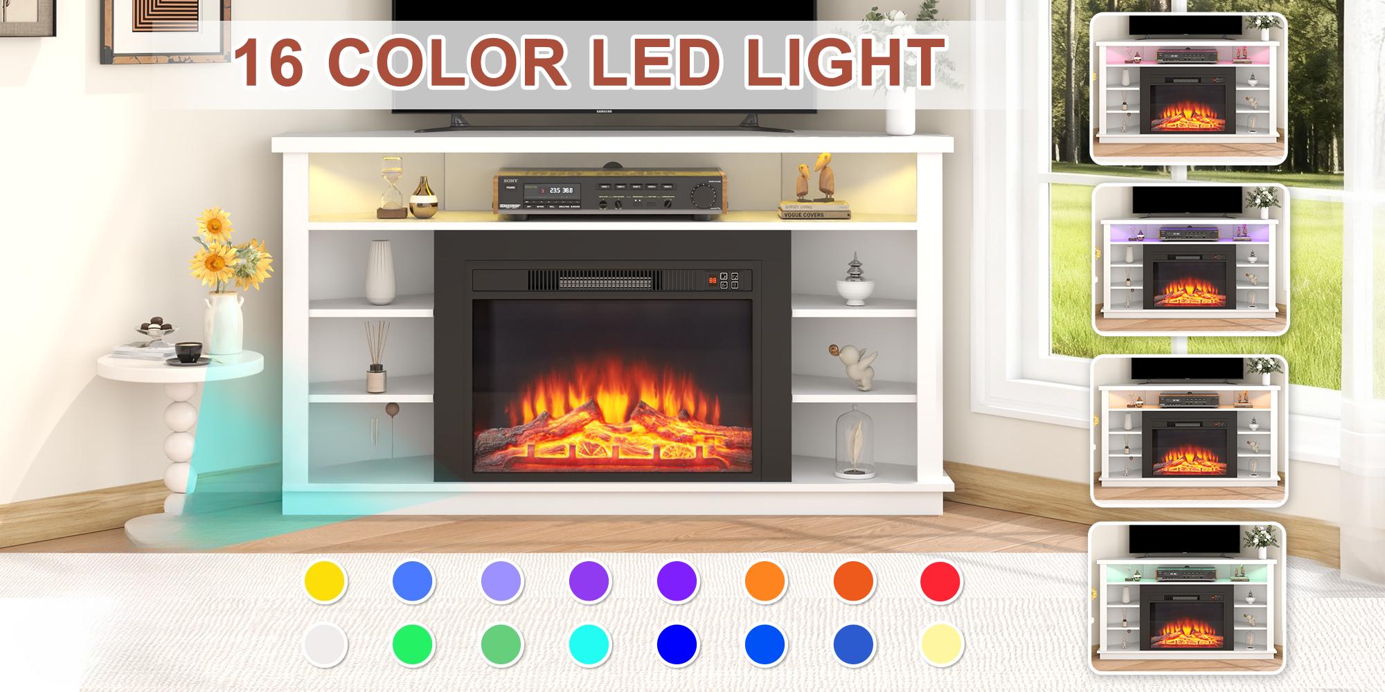 53" White Corner TV Stand with Electric Fireplace - 23" Insert Media Console, Compatible with 55" Televisions