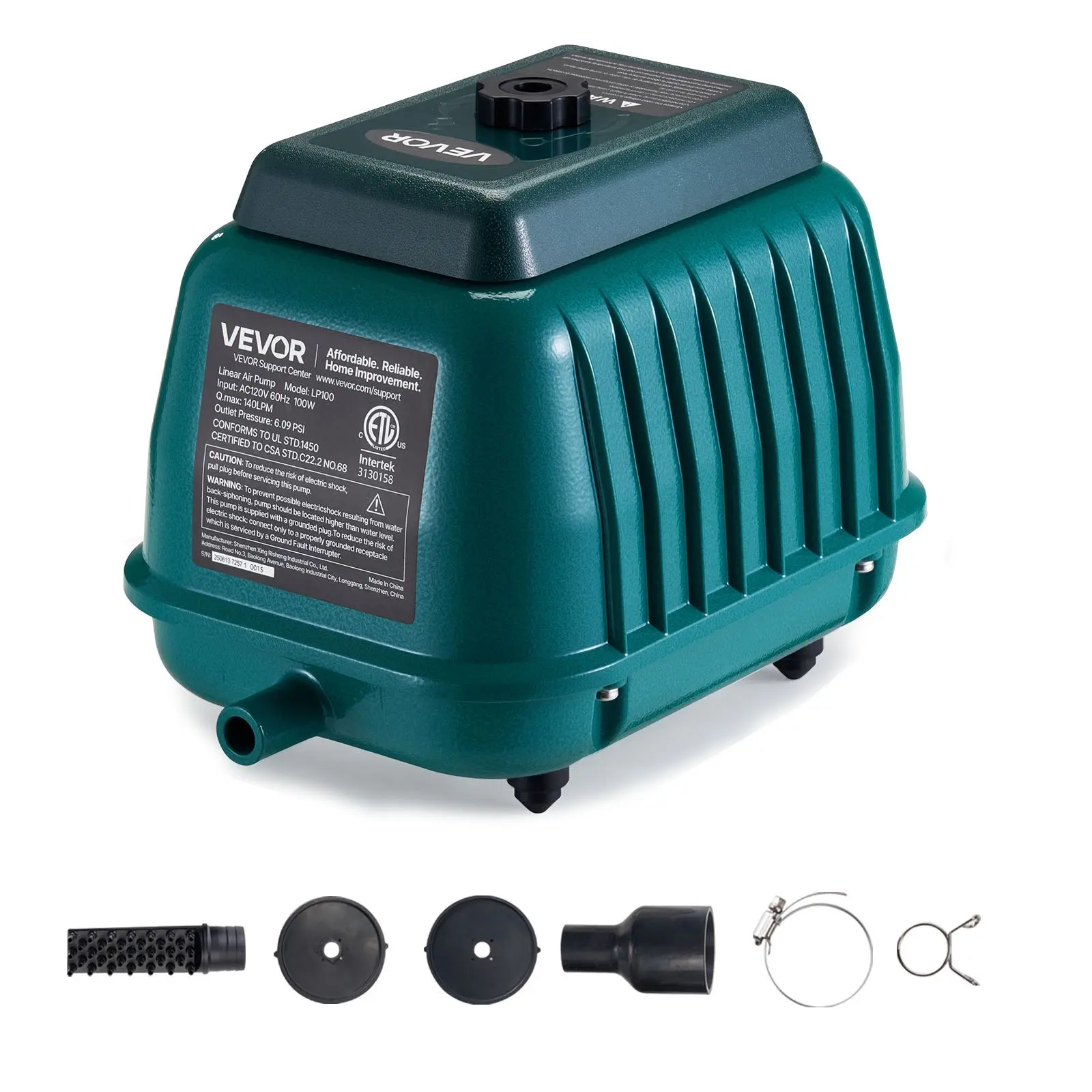 VEVOR Linear Air Pump with Copper Motor, 2219.04 GPH High Output Air Flow, Septic Aerator Pump for 11 ft Deep Ponds, Septic Tanks & Aquariums (Indoor Furniture Bed System Compatibility)