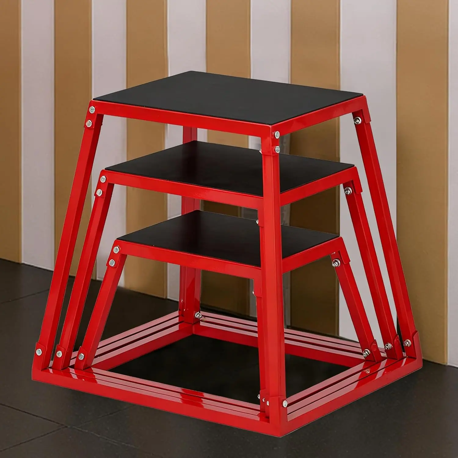 Garvee Heavy Duty Plyometric Jump Box Set – Steel Step Up Platform, Non-Slip Rubber Pad, 550lbs Capacity, for Home & Gym Strength Training, Step & Jump Exercise – Red