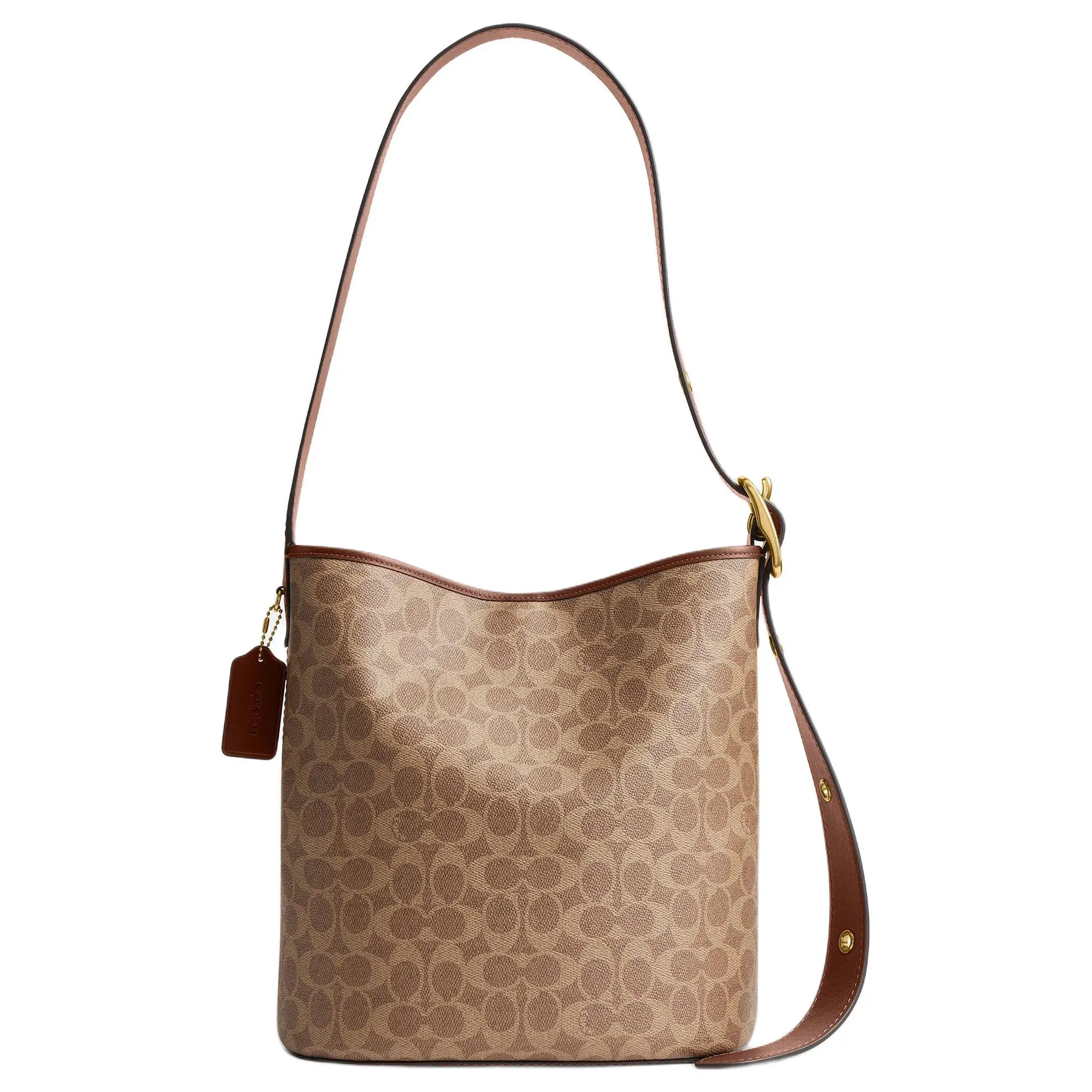 Coach Bleecker 28 Classic Monogram Metallic Hardware Faux Leather Bucket Bag for Women, Large Size