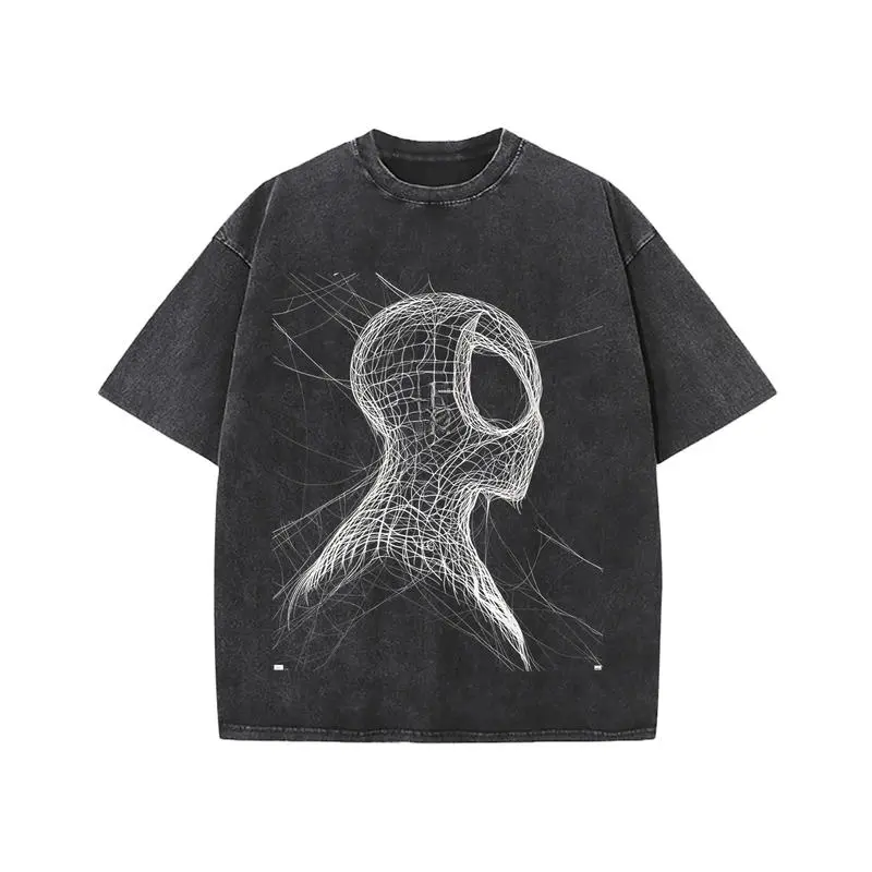 Vintage Acid Washed Black Oversized Short Sleeve T-Shirt White Chaotic Spiderweb Line Sketch Spider.dy Side Profile Portrait Minimal Abstract Web Pattern Graphic MCU Superhero Comic Movie Fan Grunge Vintage Urban Streetwear Tee For Men Women Teen Youth