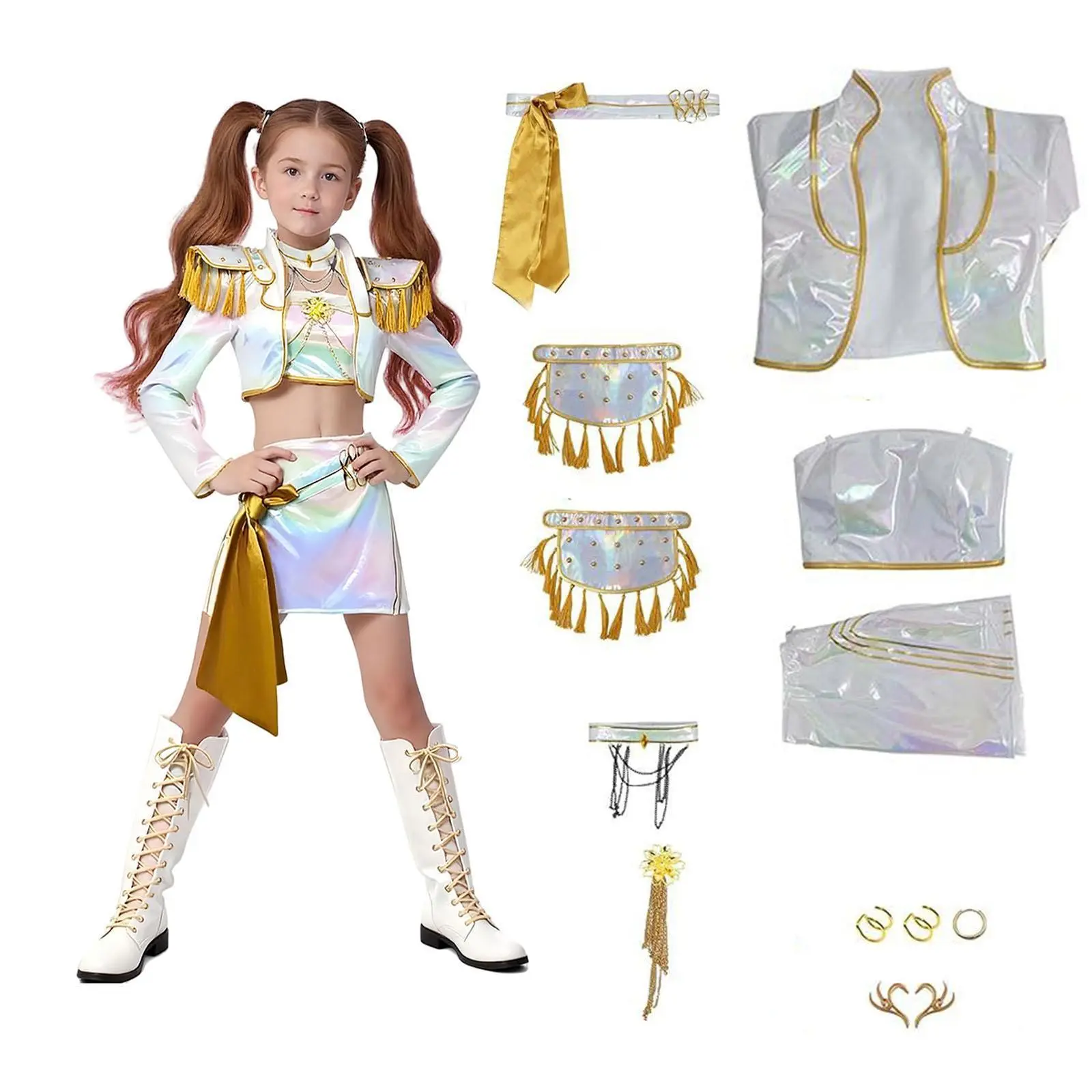 Girls' Sparkle Print 2-Piece KPop Dance Costume Outfit Set - Anime Cosplay Skirt & Top for Halloween, Birthday Party, Everyday Wear, Two-Pieces