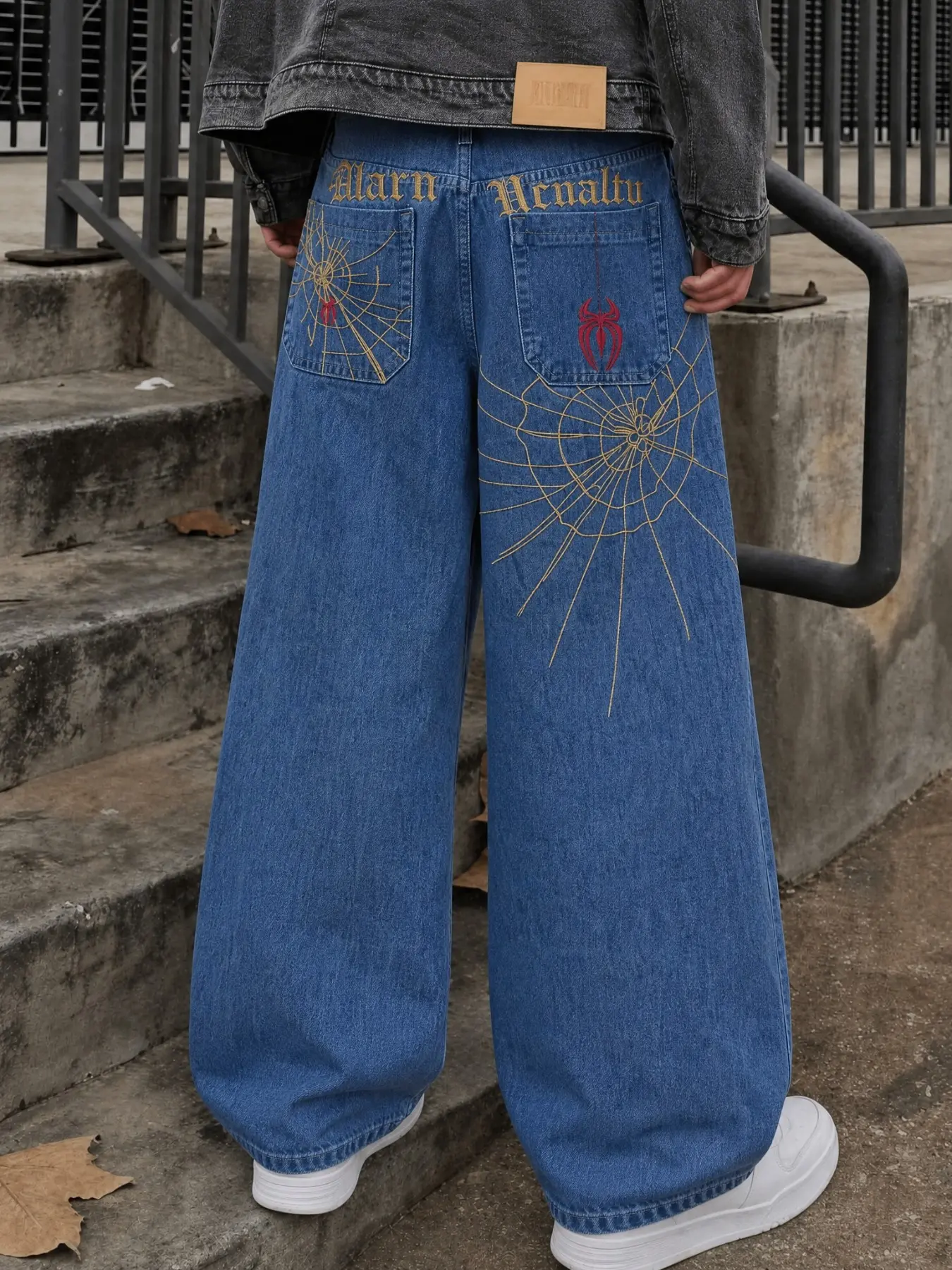 Men's Vintage Washed Blue Spider Web Spider-Man Embroidered Wide Leg Jeans, High Street Hip Hop Loose Straight Fit Long Pants