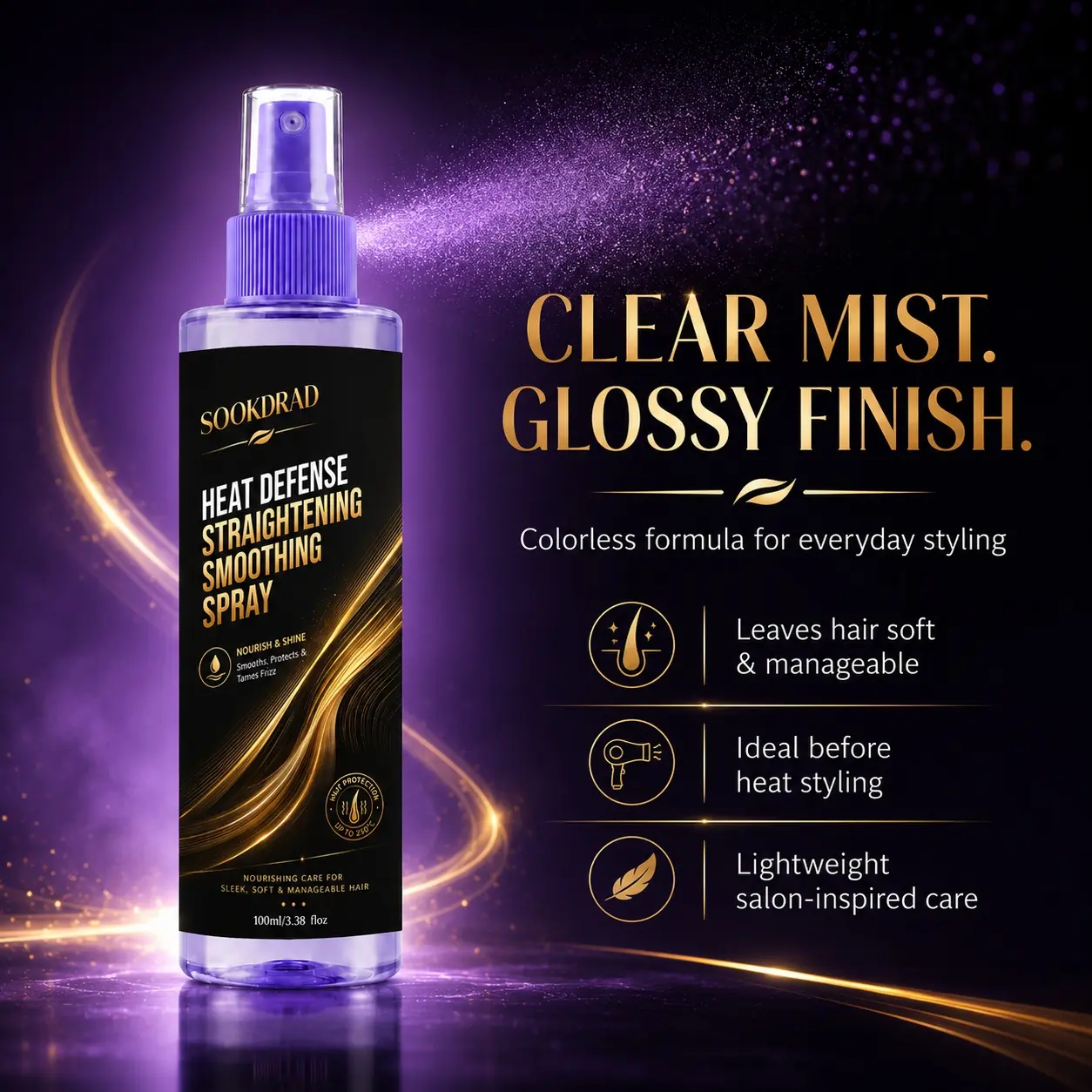 Heat defense straightening smoothing spray, heat protection up to 230°C, smooths hair, protects hair, tames frizz, nourishes hair, adds shine, for hair, 100ml/3.38 floz