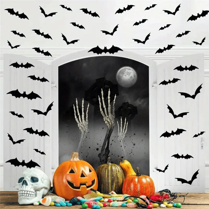 48pcs 3D PVC Bat Halloween Decor Set, Horror Bar Wall Stickers, Ideal for Halloween Celebrations and Unique Items