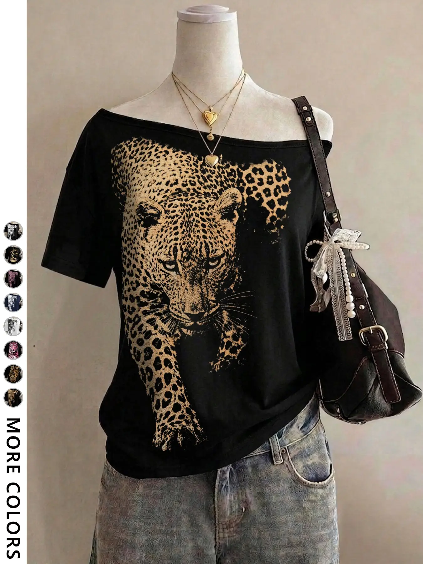 Women's Loose Fit Short Sleeve Off-Shoulder T-Shirt, Leopard Print Design, Casual Style, Perfect for Outing and Shopping, Y2K Fashion