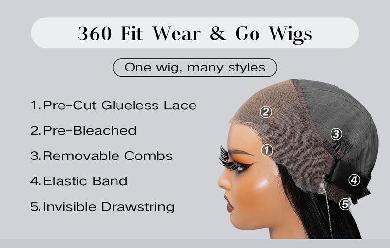 Wavymy 360 Straight Invisi Drawstring Wear Go Glueless Pre-Bleached And Pre-Cut Lace Glueless Wigs Flexi-Fit  Glueless Water Wave Wigs 180% Density