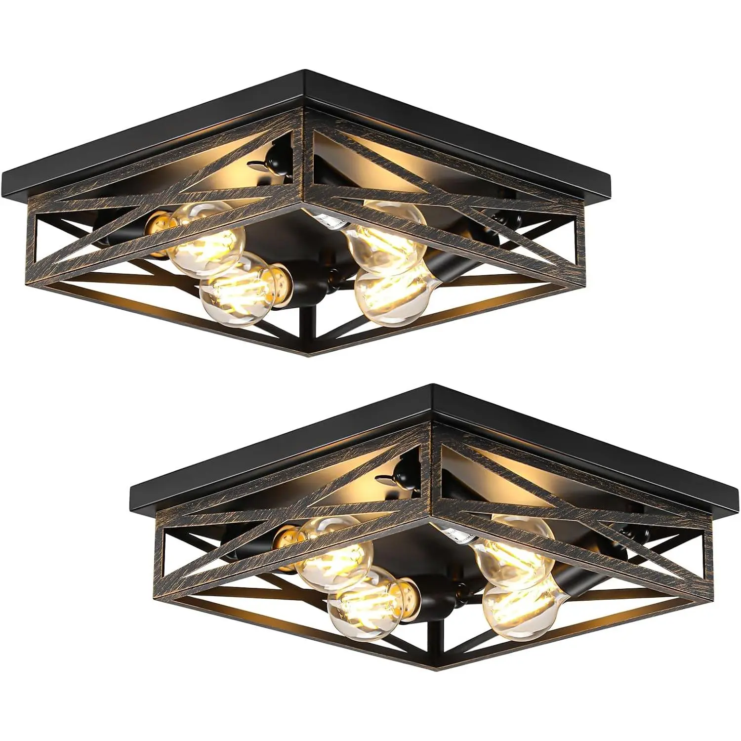 2 Pack 13 Inch Flush Mount Ceiling Light, Modern Farmhouse Industrial Square Metal Cage Ceiling Light Fixture, E26 Base Ceiling Lamp for Kitchen Hallway Entryway Foyer Laundry Room