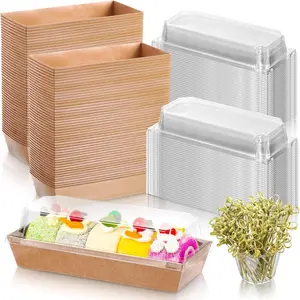 200 Paper Charcuterie Sandwich Box with Clear Lids and Cocktail Picks Set 100 Pcs 7.5'' Disposable Food Container 100 Skewers for Strawberries Chocolate Covered Cookies Dessert(Brown)
