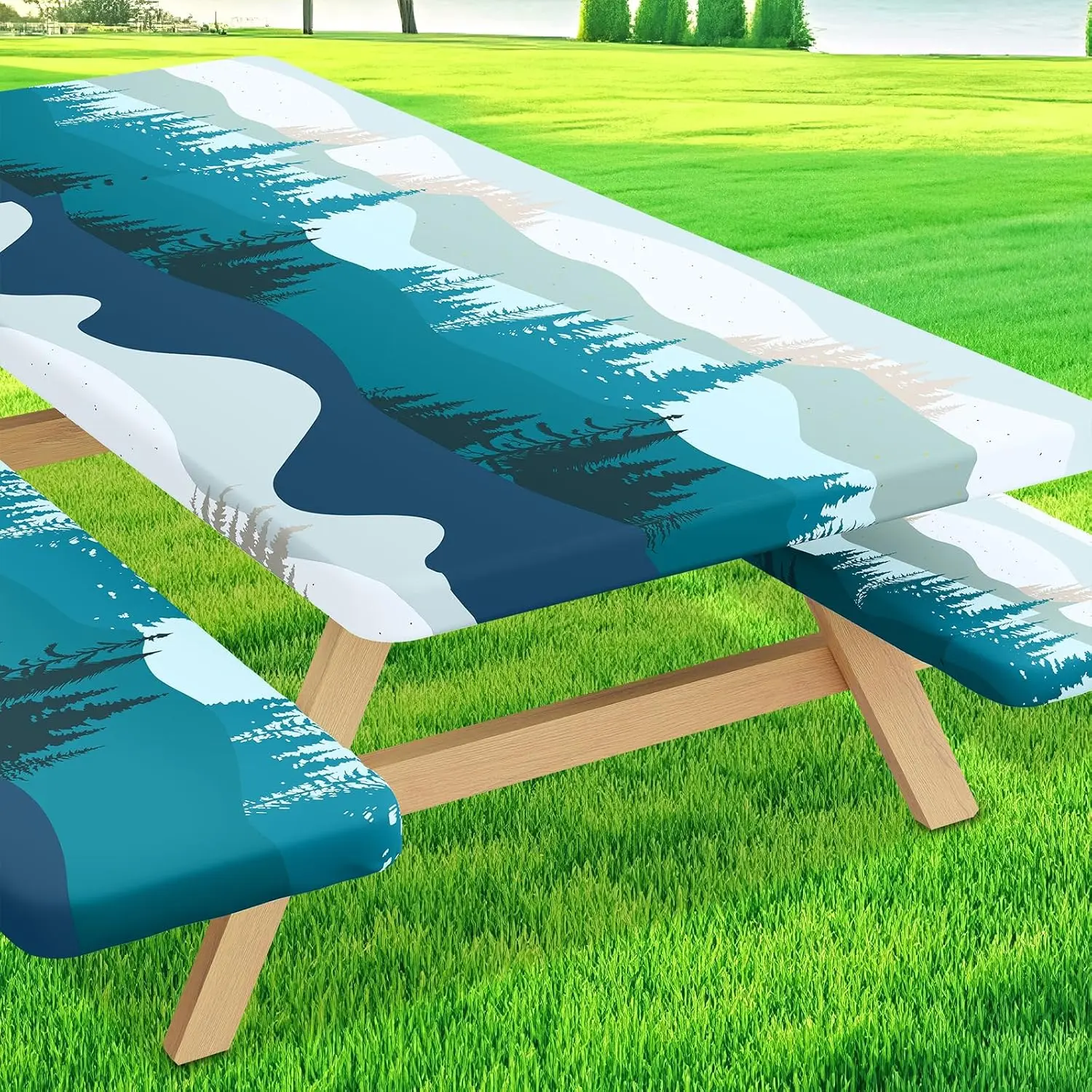 Picnic Table Cover with Bench Covers, Elastic Fitted Spandex Tablecloths for 6 Foot Rectangle Tables, Stretch Washable Patio Tablecloth for Outdoor, Camping (Forest, 30"x72")