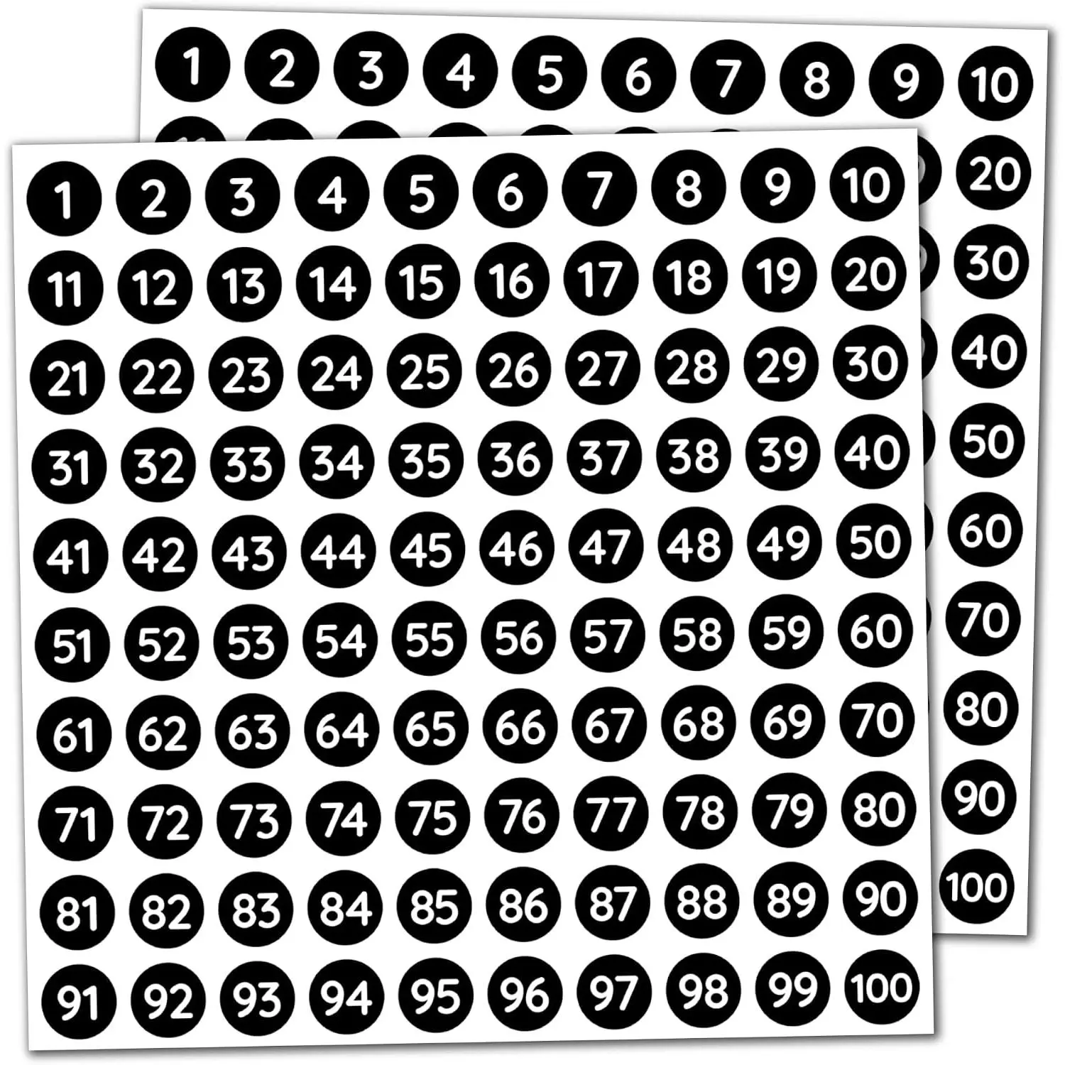 25 Sheets, 1-100 Number Stickers Labels - 0.4" Round, Black, Pack of 2500