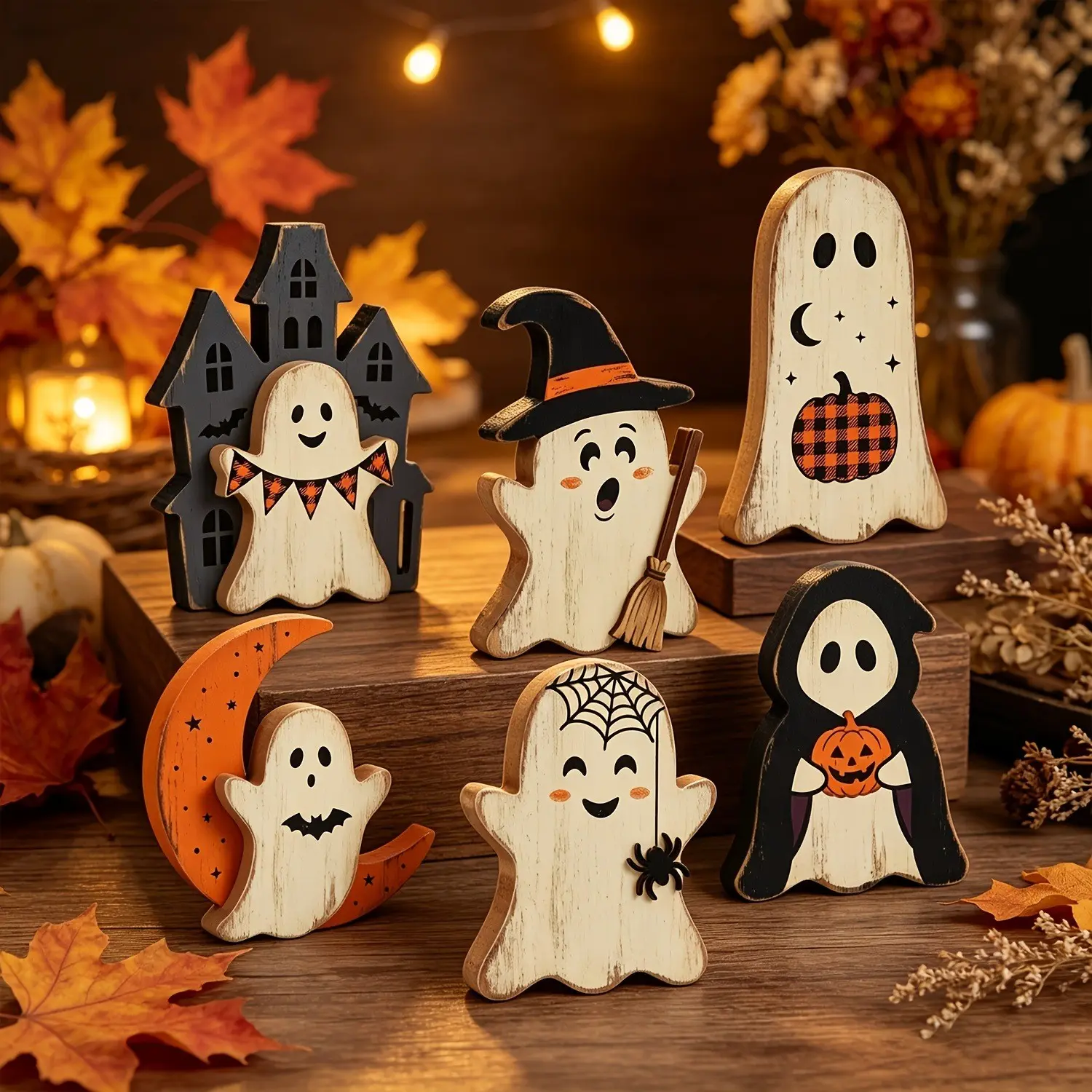 Halloween Indoor Horror Decor, 6-Piece Wooden Ghost Desktop Ornaments, Rustic Fall Home Decoration for Room, Entryway, Kitchen, Living Room, Bookshelf