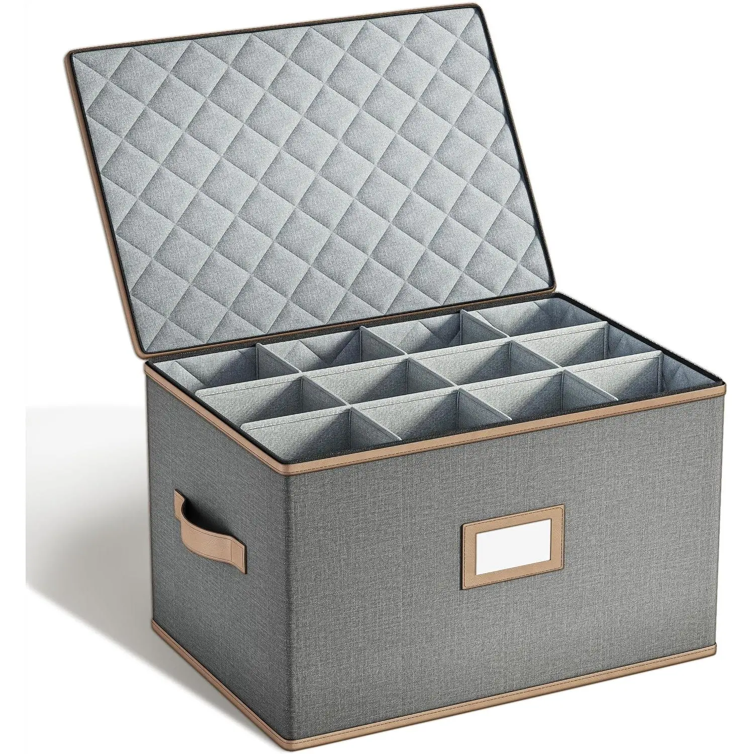 Glass Storage Box with Dividers, Quilted Hard Shell Organizer for Stemware and Glassware Sets, Ideal for Storage and Moving Supplies, 1-Pack, Grey