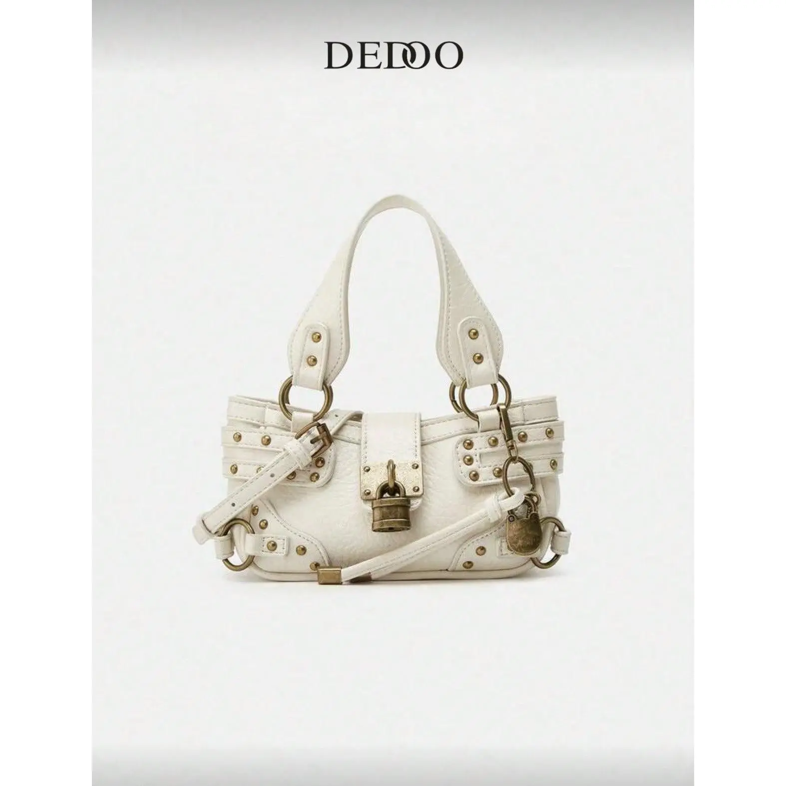 Retro Rivet Cream Shoulder Crossbody Bag for Women, PU Leather Handbag, Y2K Baddie Washed Purse, Top Handle Tote Bag, Adjustable Strap Bag With Vintage Key Lock Clasp, Bags Ladies Elegant, Suitable for Daily Use,Party,Shopping