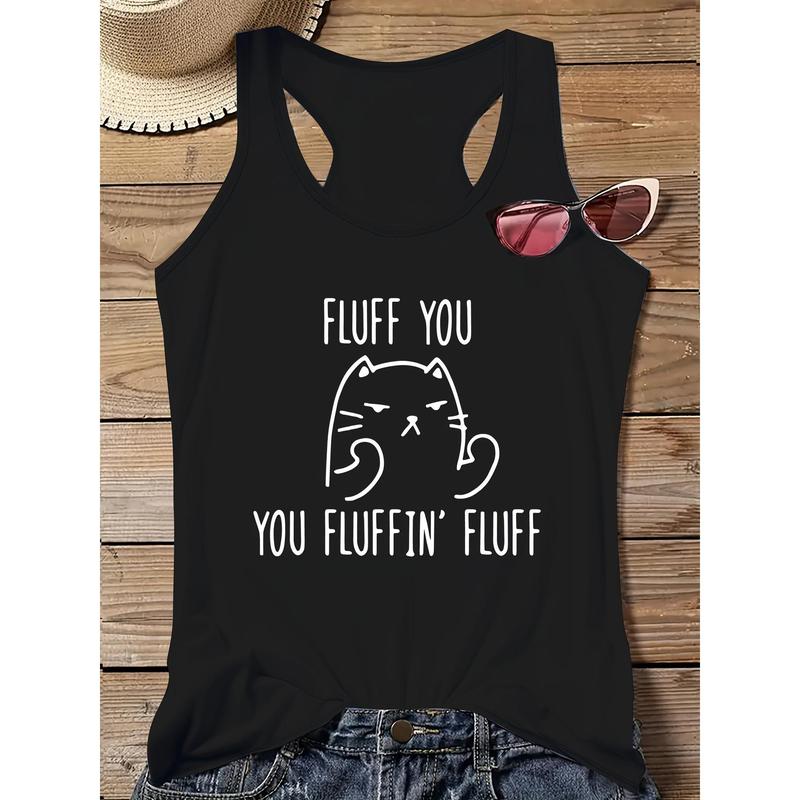 Men's Classic Sleeveless Racerback Graphic Tank Top - Black, Soft Spandex Fabric, Relaxed Fit, Cute Sassy Cat Printed Design, 'Fluff You' Art, Breathable All-Season Casual Menswear Vest