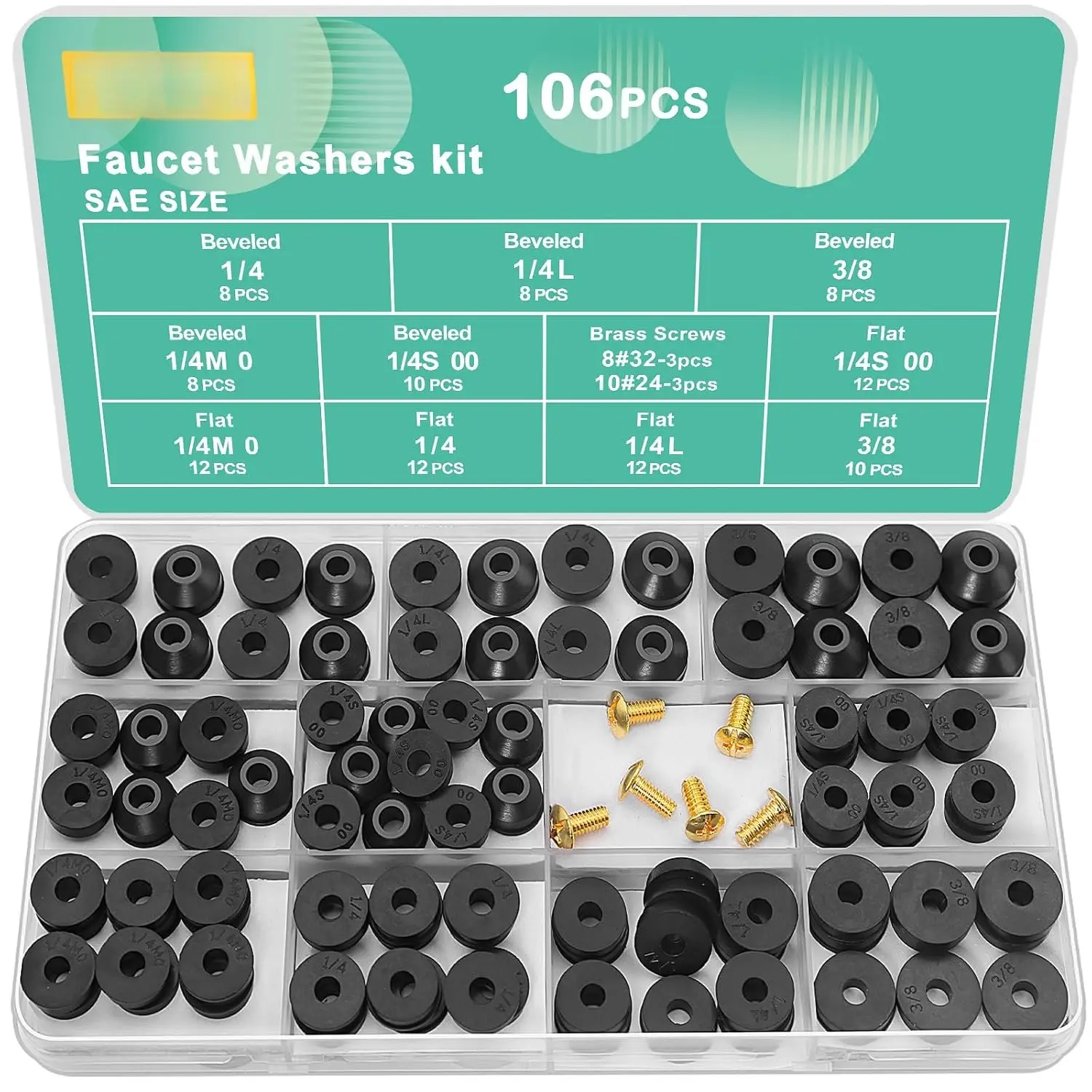 106 count Faucet Washer  Kit with  Flat and Beveled Rubber Washers for Outdoor Garden Faucet Stem Leak Worn  Repair