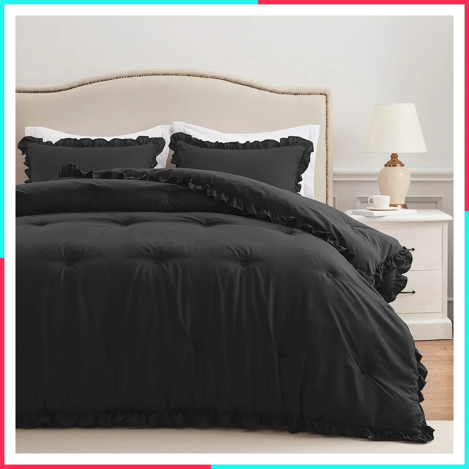 Black Ruffle Queen Comforter Set, Fluffy Shabby Chic Bedding, 3 Pieces (1 Comforter & 2 Pillow Shams)