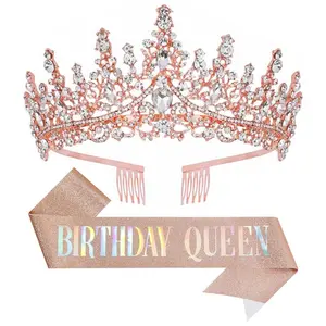Birthday Tiara Crown with Sash for Women, Headband Hair Accessories for Wedding Party Costume Rose
