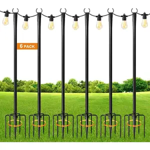 6 Pack 9FT String Light Poles for Outdoor,Metal Lights Hanging Pole Outside with Fork,Light Stand for Patio, Pergola, Garden, Backyard, Yard, Camping Party