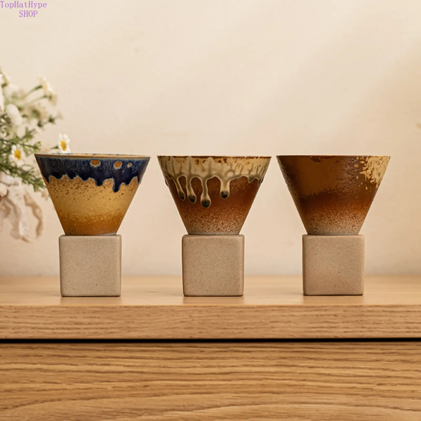 Japanese-style rustic stoneware espresso cup with saucer; handcrafted tasting cup; vintage matte ceramic drinkware with a unique texture; suitable for home baristas, daily café use, and collectors; coffee accessory.