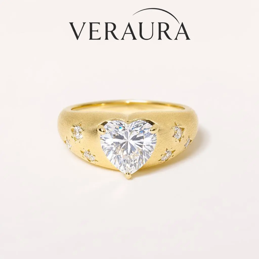 3CT 5A Heart Cut CZ Ring Brushed Finish Gold Plated Brass Tarnish-Resistant, Hypoallergenic, Everyday Jewelry, Vintage Gift for Her