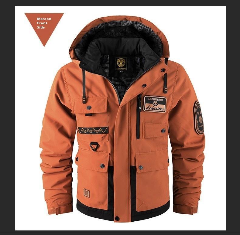 BIGWIG men's autumn and winter hooded parka, thickened warm work jacket, multi-pocket work top, windproof and waterproof cotton clothing, sports hooded jacket, cotton warm soft shell clothing, outdoor camping outdoor jacket