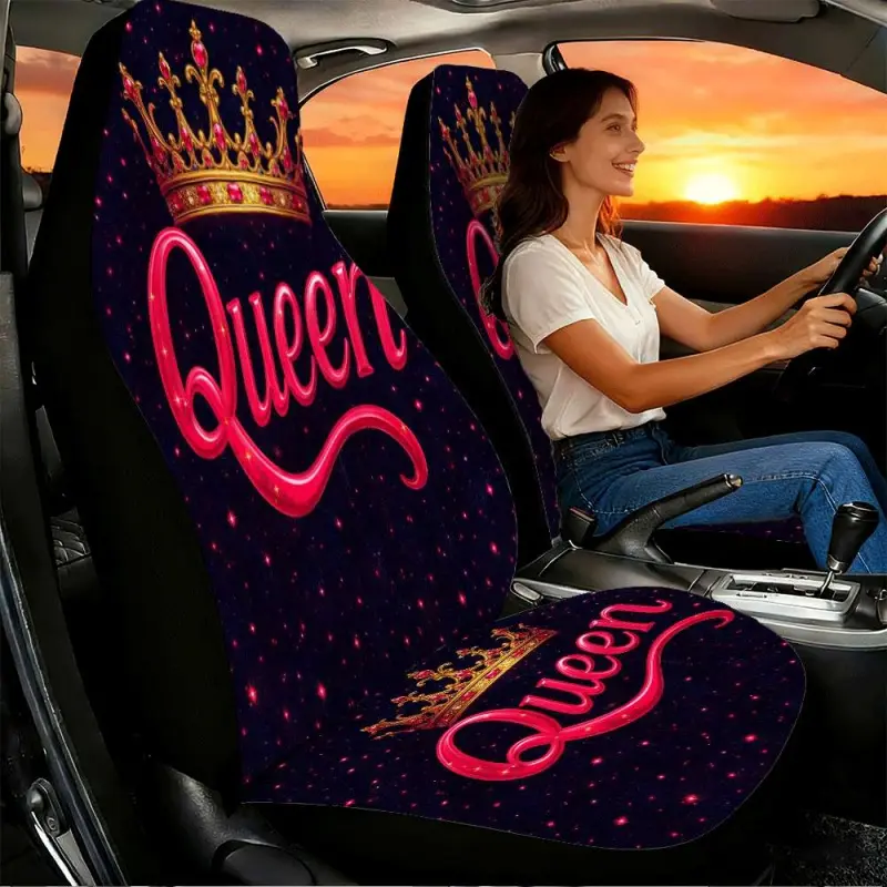 Two-piece Queen Crown car seat cover, Automotive Seat Covers, specially designed for the front seats, featuring a high-back style. Made of polyester, it is compatible with sedans, SUVs and trucks.