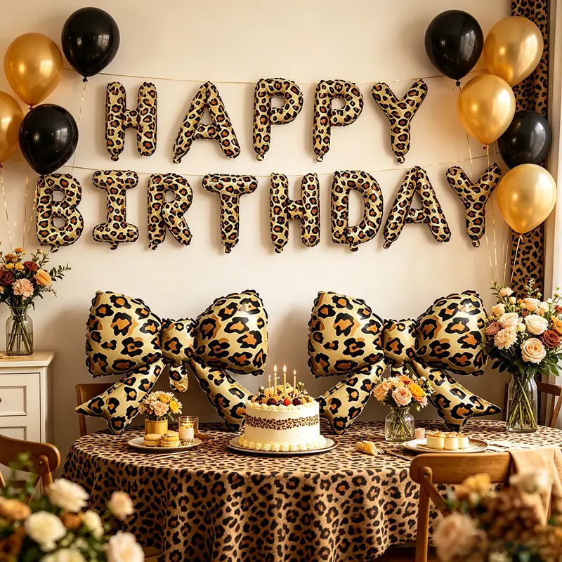 17-piece set 21.0inch and 16.0inch leopard print birthday banner + bow balloon set (including twine), suitable for leopard print themed birthdays, anniversaries, and celebration decorations