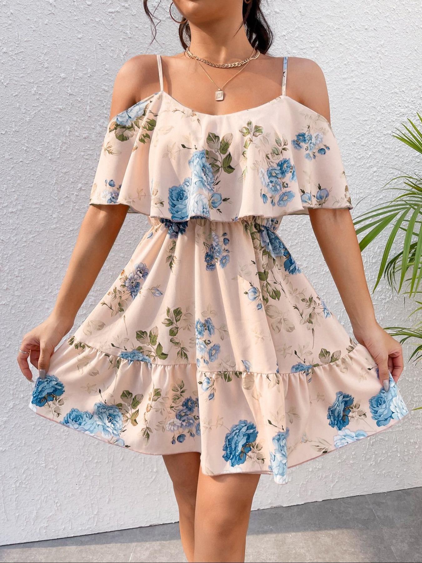 Women's Summer Casual Fashion Backless Strapless Ditsy Floral Dress, Boho Vacation Style Slimming Fit, Short Sleeve Fitted Dress