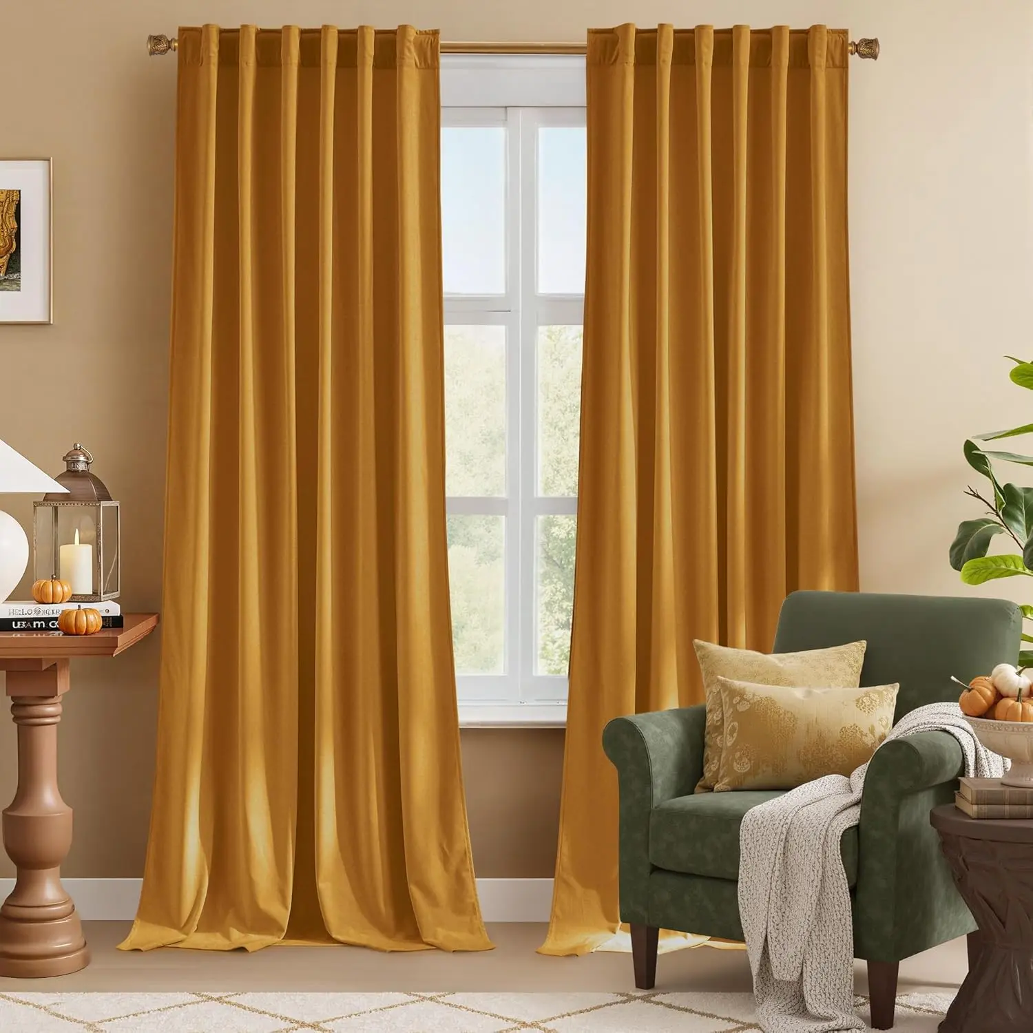 Mustard Gold Velvet Curtains 84 inch Long for Vintage Home Decor - Room Darkening Thermal Insulating Soft Window Curtains for Bedroom Living Room, W52 x L84, 2 Panels