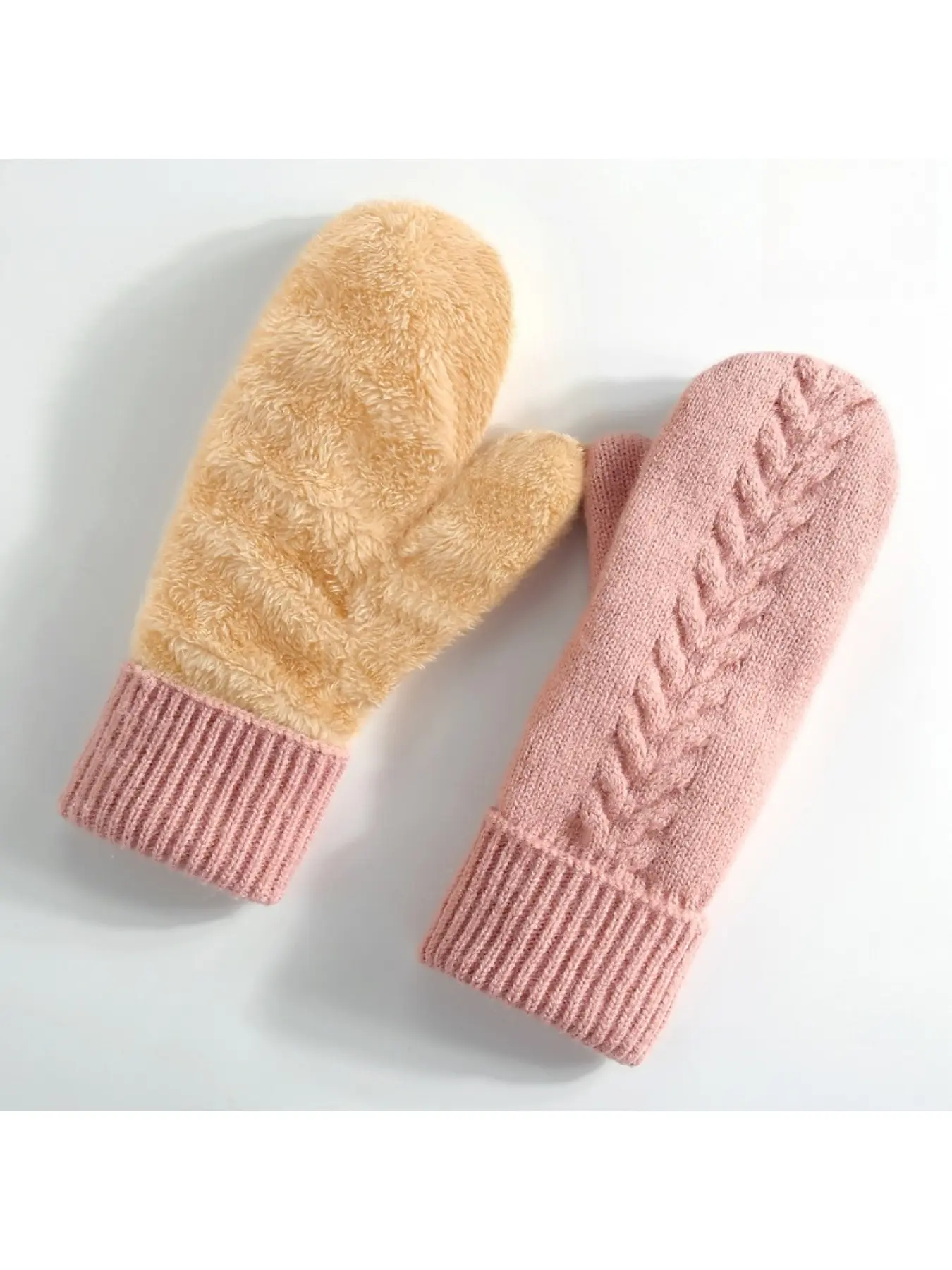 Ladies' fleece-lined thickened knitted gloves double-layer warm ski mittens fingerless gloves convertible mittens
