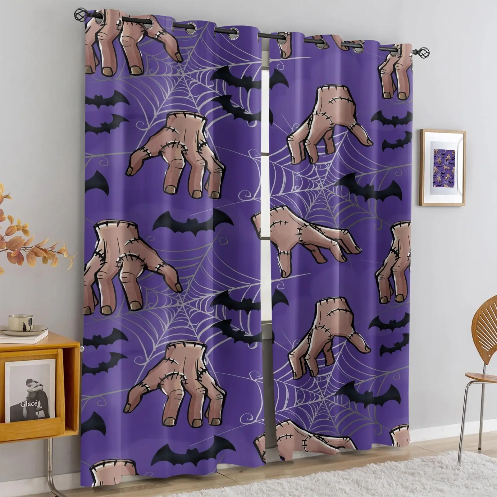 2pcs Halloween Themed Blackout Curtains, Sewn With Zombie Hands, Spider Webs, And Black Bat Pattern Printed Curtains. 2pcs Insulated And Durable Curtains,For Holiday Living Room And Bedroom Decor. The Fabric Is Soft, Easy To Install, And Machine Washable