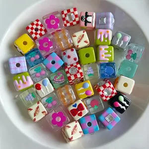 10pcs 14mm Square Beads, Hand-Drawn Patterns, Nordic Style, for Bracelets, Phone Chains, Keychains, Pet Necklaces, Unique Accessories