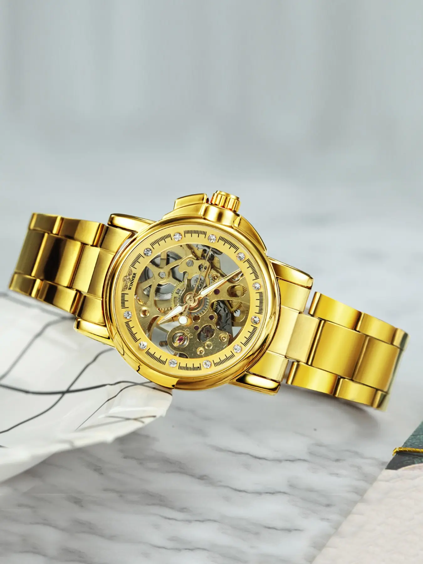 1pc Luxury Gold Skeleton Automatic Mechanical Watch for Women Luminous Hands Stainless Steel Strap Fashion Business Ladies Watches Elegant Wristwatches