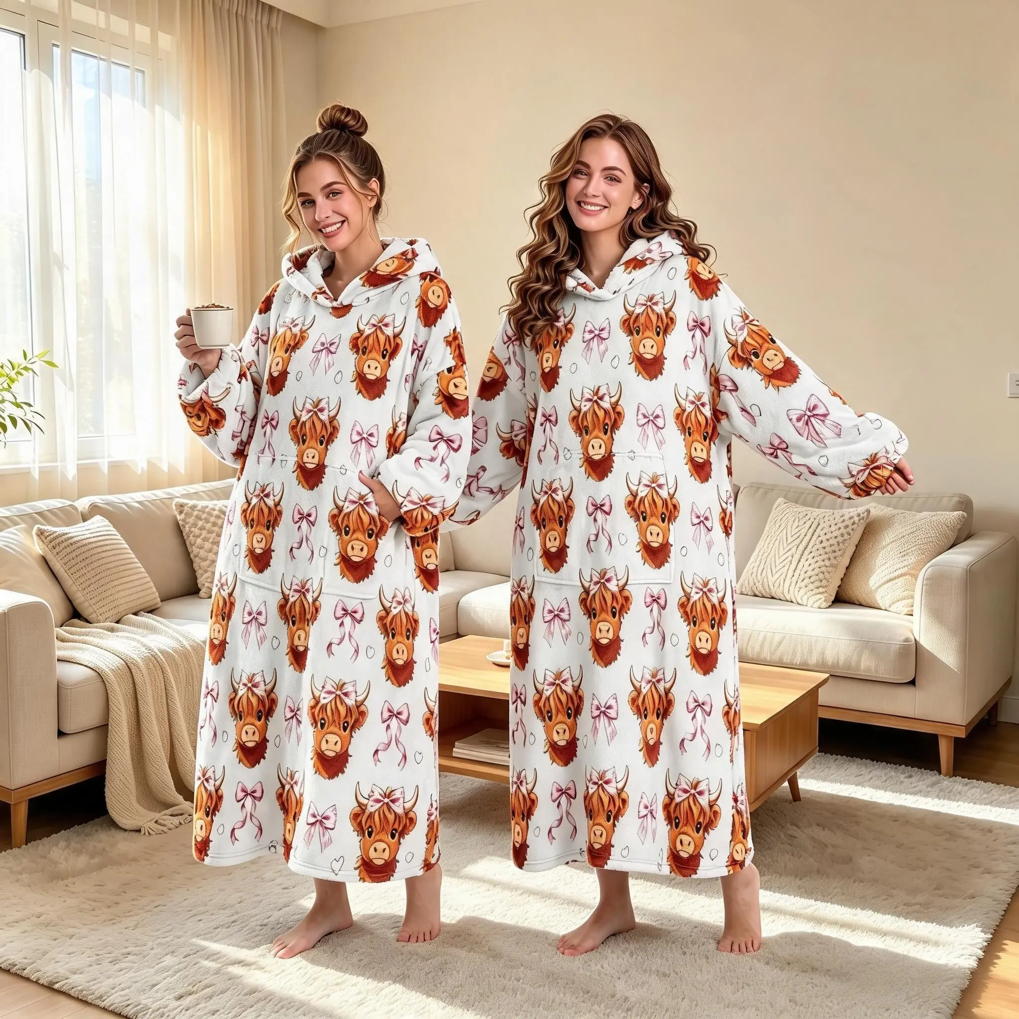 Flannel Hooded Wearable Blanket, Butterfly Highland Cow Pattern, Soft Cute Girl Style, Large Pocket Sleep Robe, Home Use, Gift for Friends