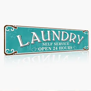 Laundry Self Service Open 24 Hours, Retro Laundry Quote, Farmhouse Style Vintage 16x4 Inch Flat Printed Weatherproof Rust-Proof Aluminum Metal Sign Turquoise Distressed Visual Effect Design Laundry Room Wall Art, Popular Housewarming Gift For Homeowners