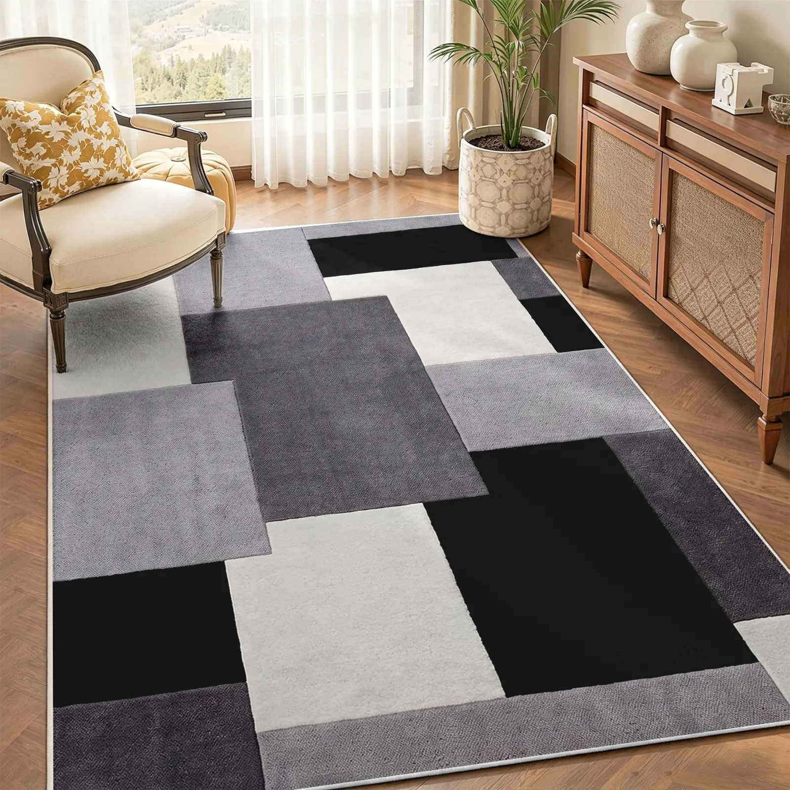 Modern Geometric Area Rug, Black Grey White Patchwork Design, Non-Slip Machine Washable Soft Faux Cashmere Carpet, Stain-Resistant Floor Rug for Living Room and Bedroom Decor, (Various Sizes)