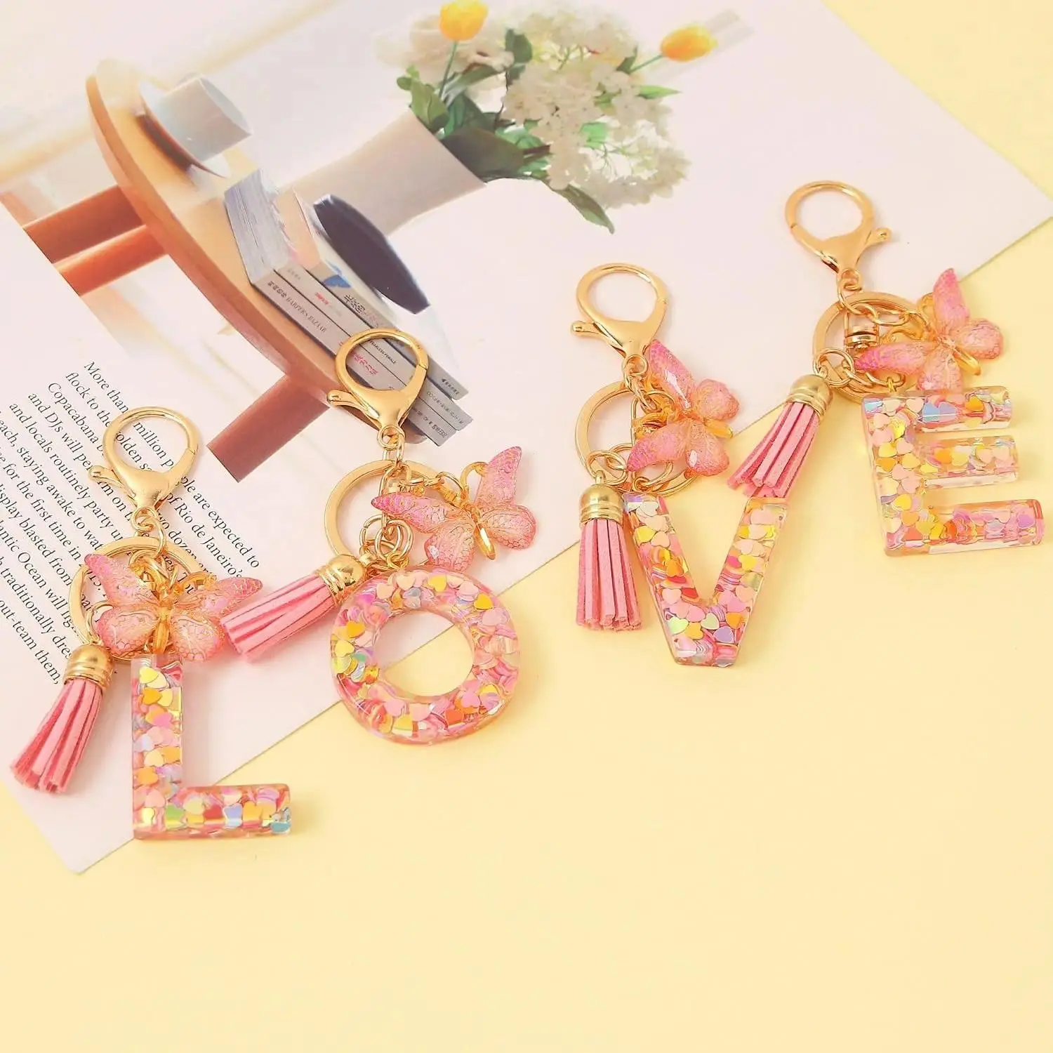 olor Confetti Resin Alphabet Letter Keychain For Women, Pink Butterfly & Tassel Decor Bag Charm, Durable Lobster Clasp Key Ring, Cute Stylish Accessory For Handbags Car Keys Daily Gift